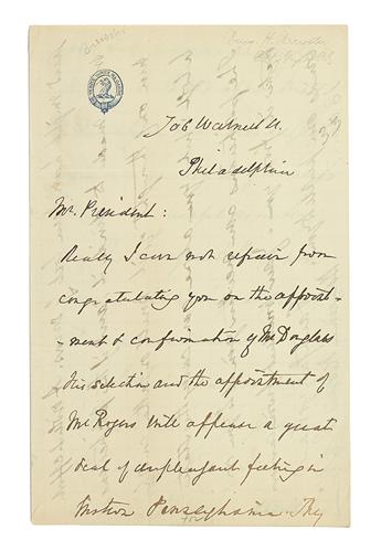 (SLAVERY AND ABOLITION--DOUGLASS, FREDERICK.) BREWSTER, BENJAMIN H. Autograph Letter Signed to Ulysses S. Grant, congratulating him on